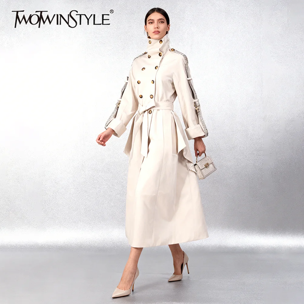 

TWOTWINSTYLE Solid Loose Spliced Gingham Lace Up Fashion Trenchs for Women High Neck Long Sleeves Temperament Trench Female New