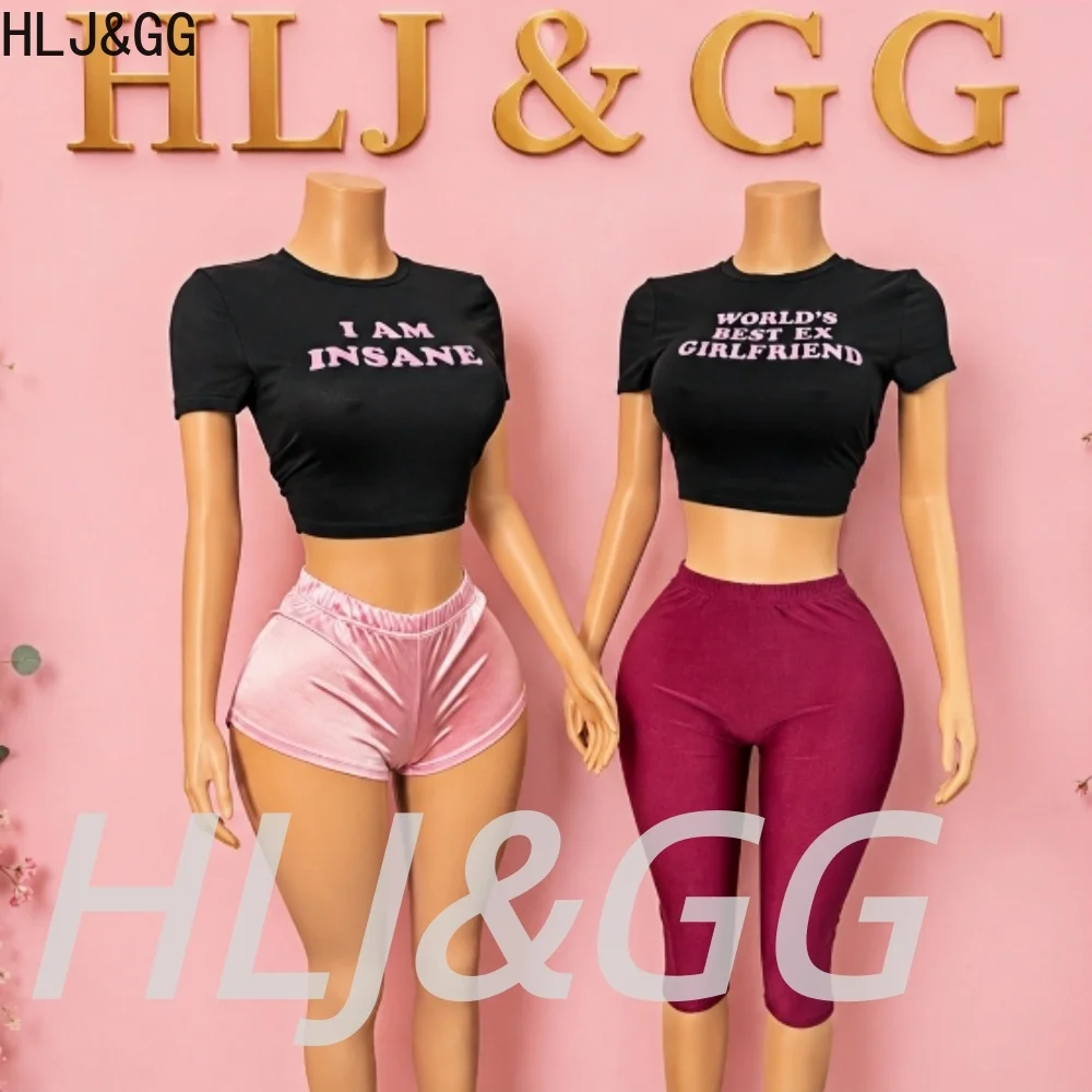 HLJ&GG Trend Y2K Letter Print Tshirts Two Piece Sets Women O Neck Short Sleeve Slim Crop Top + Shorts Outfits Fashion Streetwear