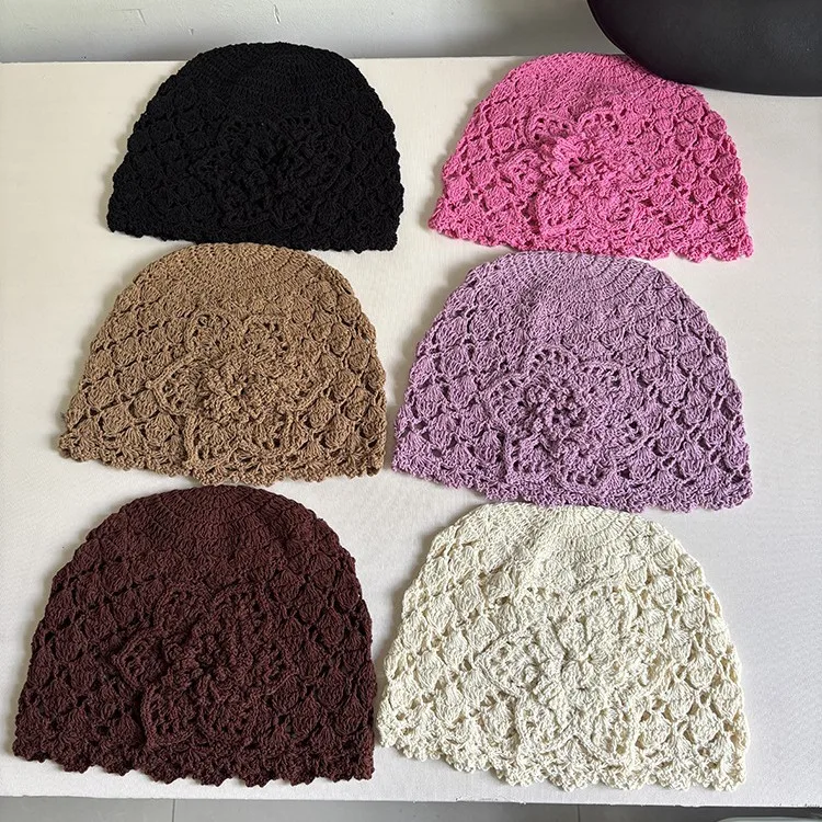 Women Cotton Thread 3D Floral Hollow Out Handmade Knitted Beanie Elegant Retro Thin Crochet Breathable Summer Hat