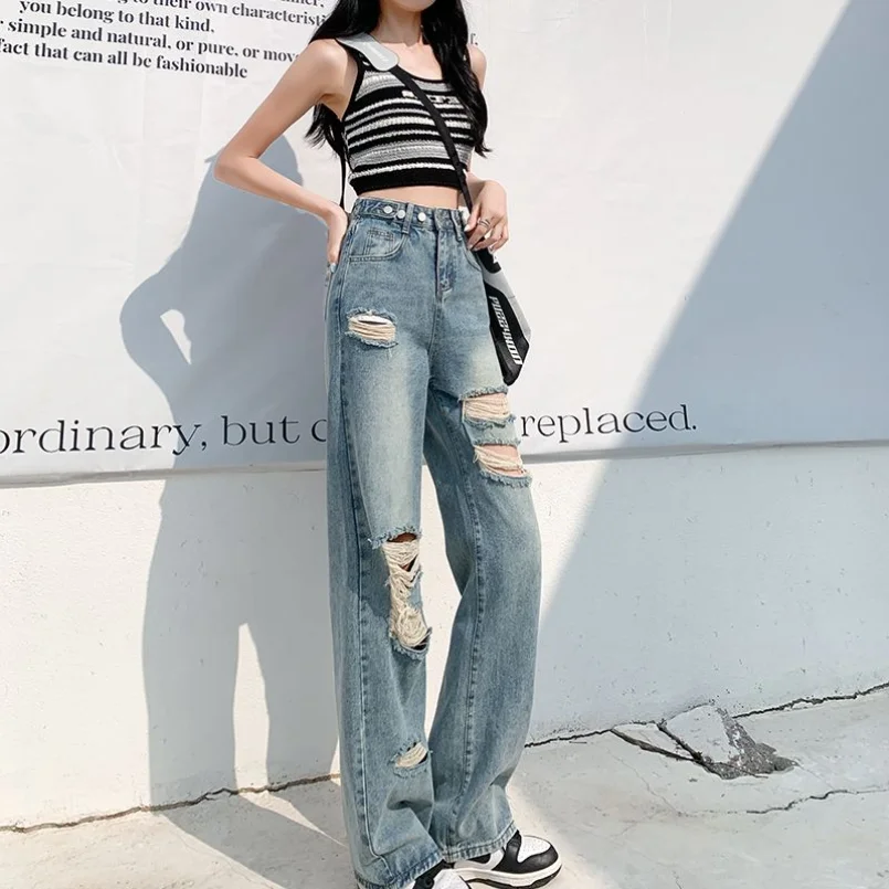 Fashionable Perforated Straight Leg Jeans for Women Spring/Summer 2023 New Slim and Loose Fitting High Waisted Wide Leg Pants