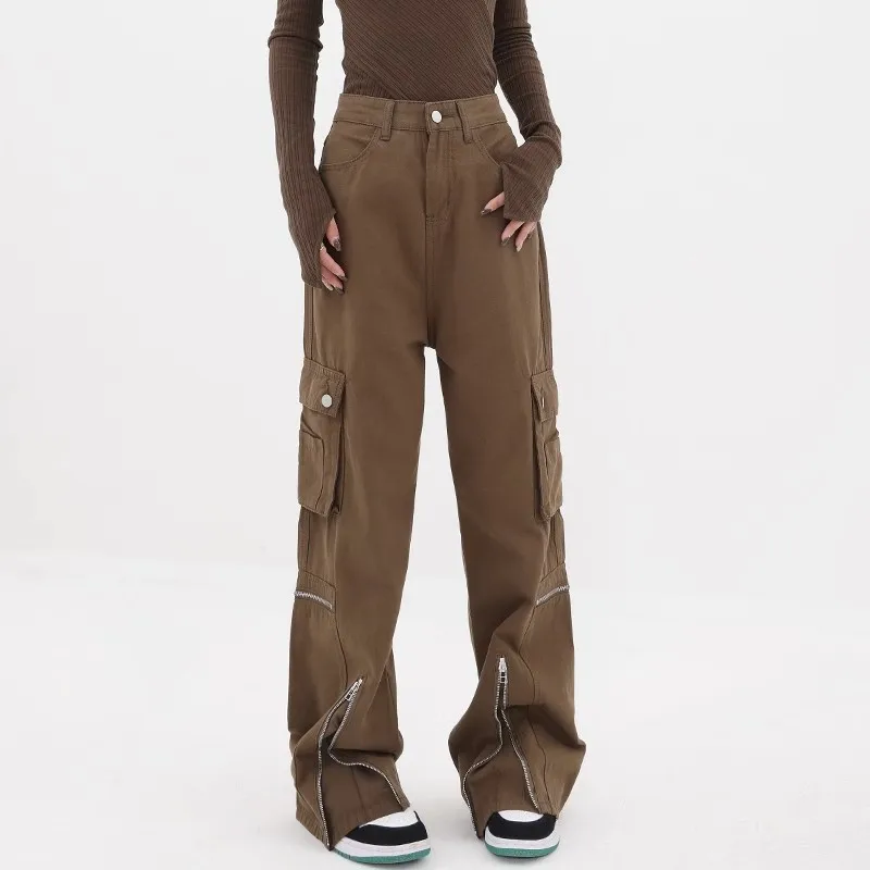 WCFCX STUDIO American Vintage Brown Pants Women's Streetwear Fashion Split Zipper Cargo Pants Y2k Women's Aesthetic Trousers