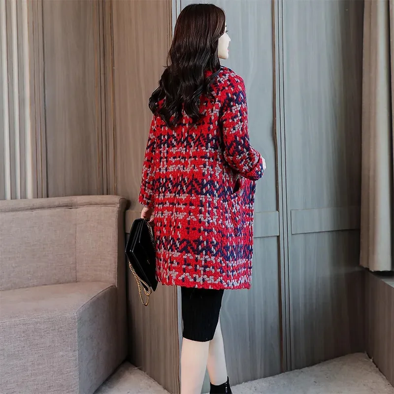 Fashion Green Plaid Woolen Coat Women\'s 2024 New Spring Autumn Winter Jacket Mid-Length Slim Thickened Woolen Blend Outerwear