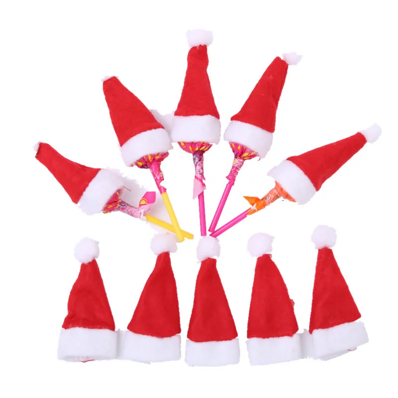 10 pz/set Mini cappelli di lecca-lecca di natale cappello di copertura della bottiglia di vino di babbo natale per decorazioni per feste di natale