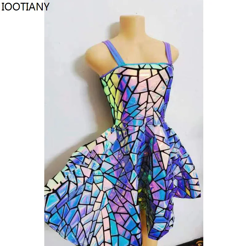 Purple Blue Mirror Shiny Suspender Dress Imitation Mirror Holographic Robot Festival Sequin Costume Dj Gogo Dancer Singer Outfit