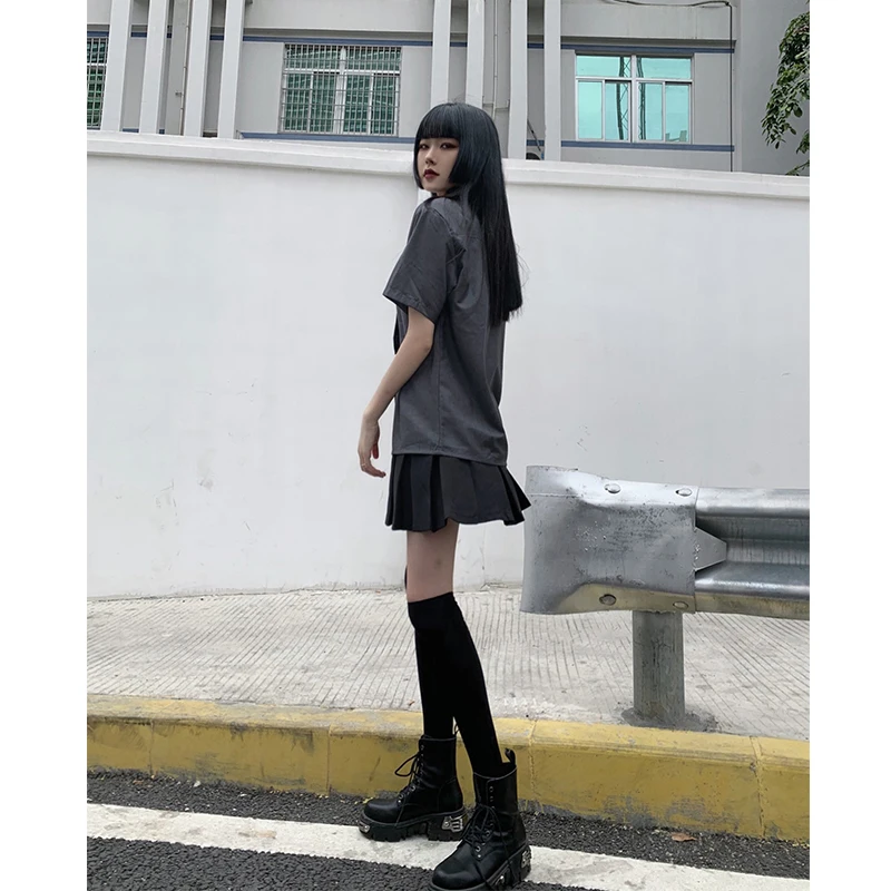 Punk Girl Gray Tie Jk Short-sleeved Loose Japanese Shirt 2025 Summer New Sweet Cool College Style Age-reducing Versatile Top