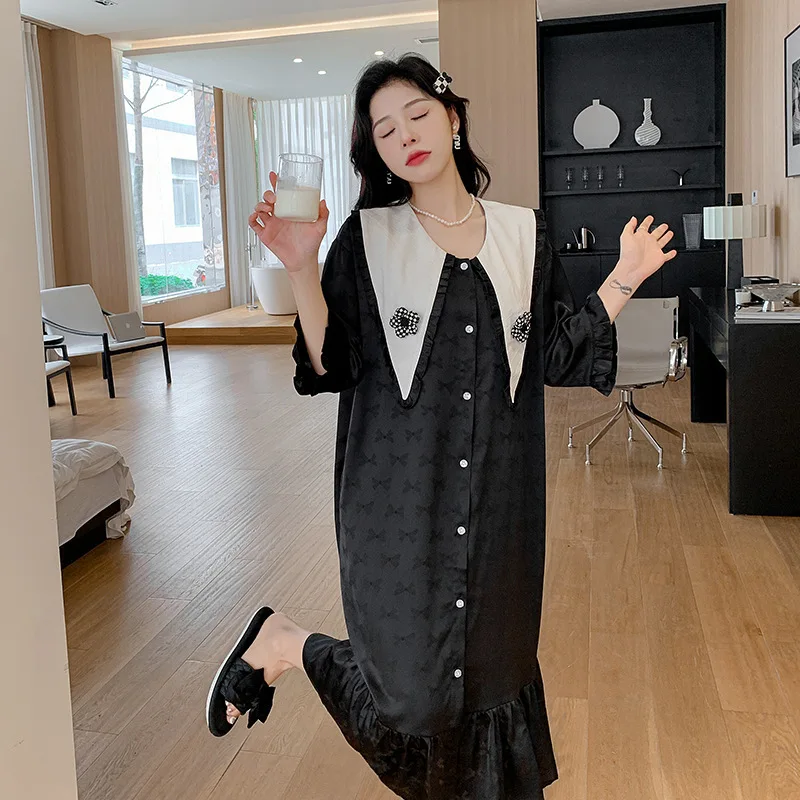 

Весна-Осень 2023, цельная длинная ночная рубашка из ледяного шелка в готическом стиле, пижамы со средним рукавом, высококачественная жаккардовая ночная рубашка, одежда для сна