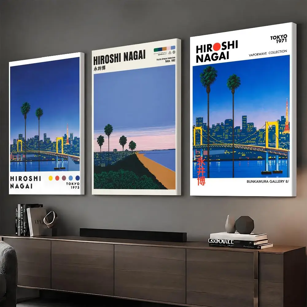 H-Hiroshi Nagai Harbor Bridge Sunset Framed Wall Painting Vintage Framed Wall Art Poster Canvas Elegant Home Decor Painting