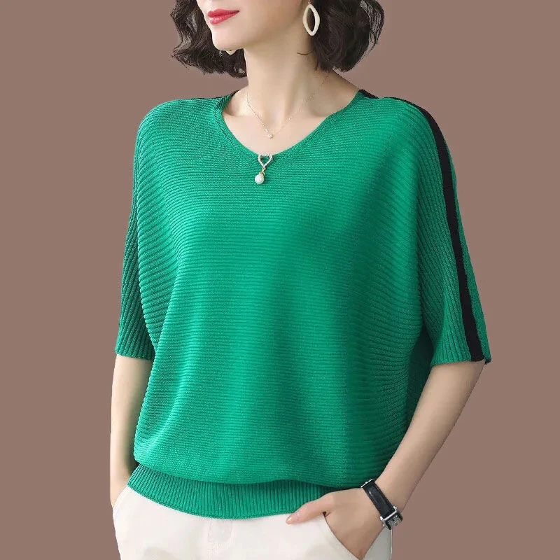 

T-shirt women mid-sleeved spring women 2024 Korean summer wear three-quarter sleeve top ice silk V neck knitted bat t shirt