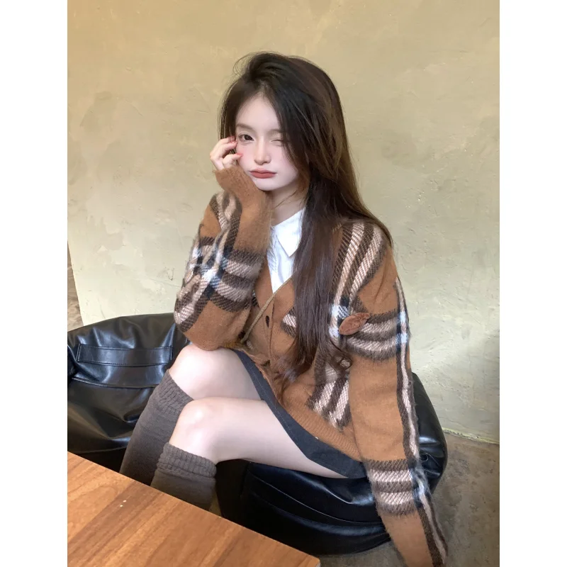 Women Clothing Brown Vintage Knitting Sweater Cardigan Jacket Lattice Long Sleeve Casual Fashion Female NEW Winter V-neck Tops