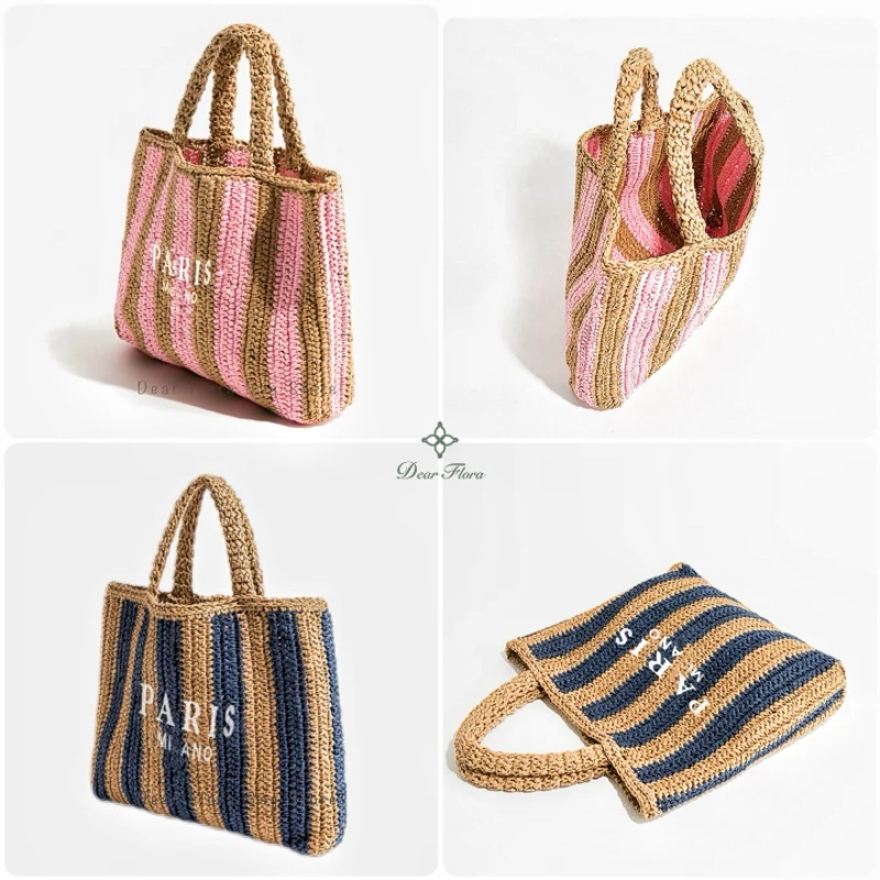 Women Fashion Striped Summer Beach Straw Knitting Shoulder Bag Hollow Out Handwoven Handbags Portable Large Capacity Casual Tote