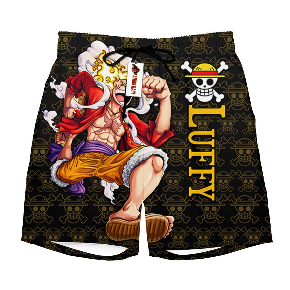 

2026 One Piece Luffy Gear 5 Nika Skull Pattern Print Quick Dry Shorts Men Casual Beach Wear Gym Workout Sports Board Shorts