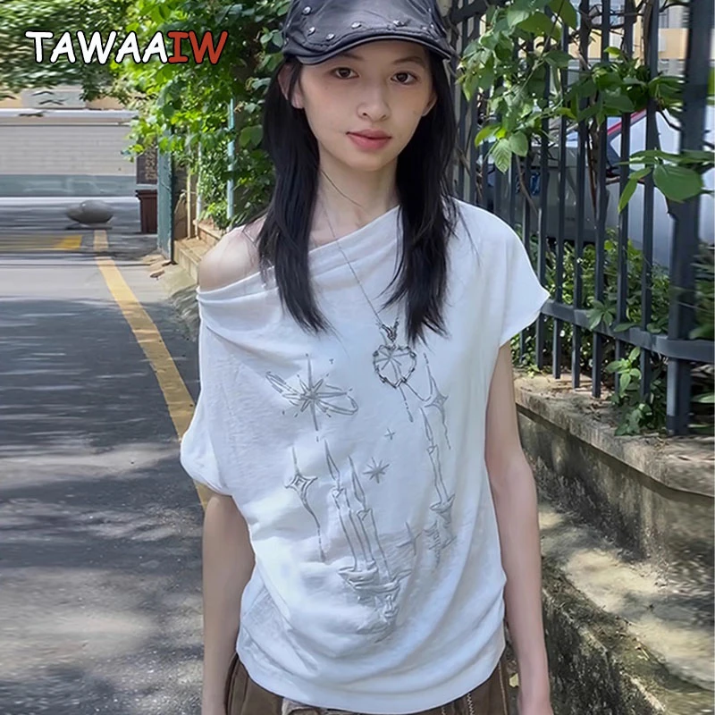 

Tawaaiw Casual Skew Collar Graphic T Shirts Short Sleeve Korean Fashion 2000s Clothes Y2k Tees Female Clothing Print Summer Tops