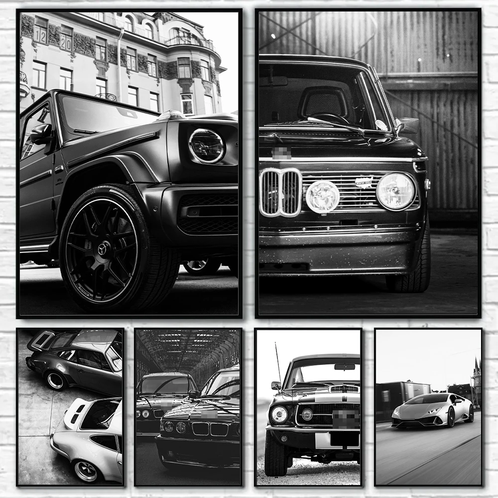 Preto e branco carro de luxo hd lona poster impressões casa quarto sala estar decoração mural moda moderna arte da parede simples