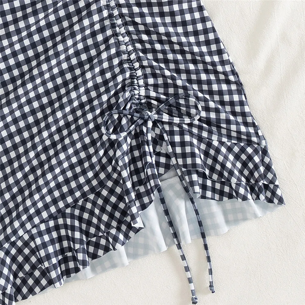 Geruite print Koreaanse mode badmode eendelig badpak trekkoord gegolfd badpak conservatieve vakantie strandkleding 2026