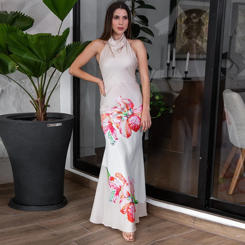 

Women's clothing 2025 summer new printed halter neck sleeveless backless sexy robe long skirt club clothing Vestidos