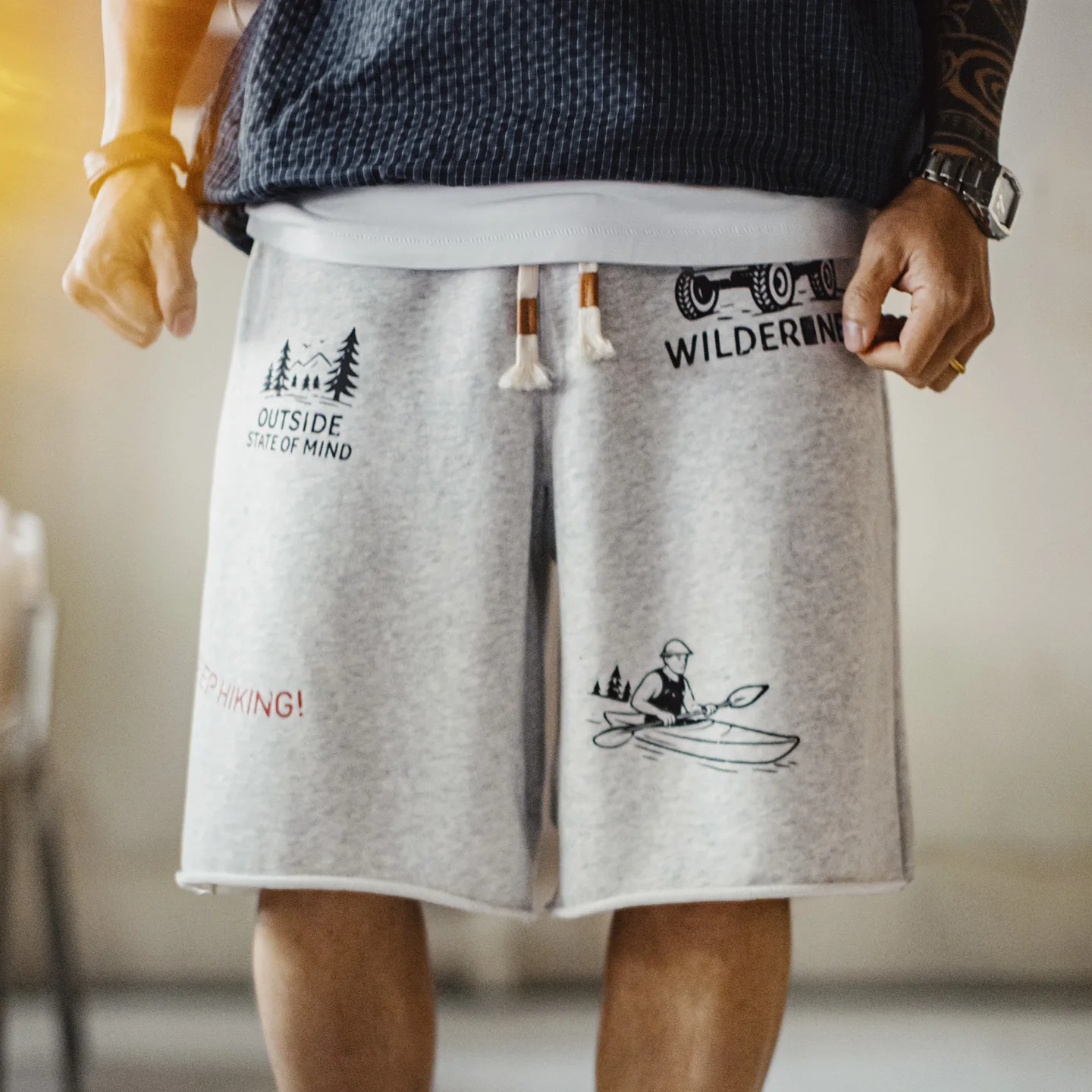 Maden Summer Men's Shorts Retro Print Loose Sport Shorts Elastic Waist Casual Shorts American Knitted Knee-Length Short