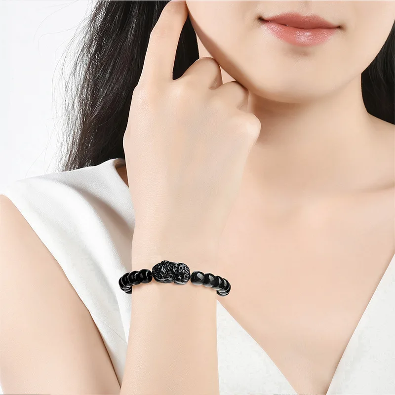 Authentic Natural Hotan Black Jade Mythical Wild Hand String Bucket Bead Leather Mound Bracelet Fashionable Men Women's Jewelry