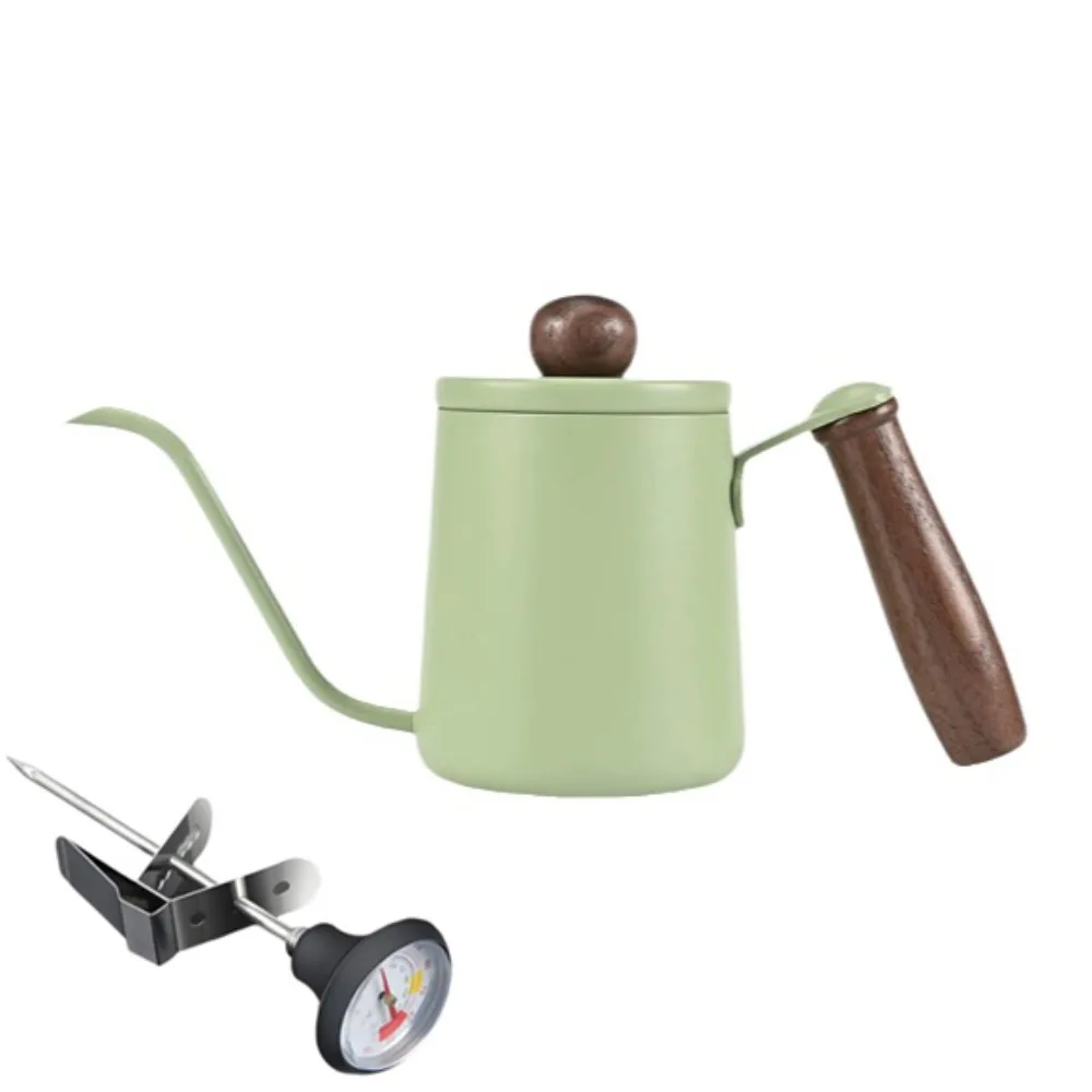 350ML Pour Over Coffee Kettle Stainless Steel Temperature Meter Goose Neck Coffee Pot Anti-scald Wood Handle