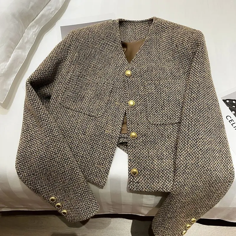 Khaki Short 2023 Early Autumn British Simple Elegant Socialite Woolen Tup Cardigan Coat for Women