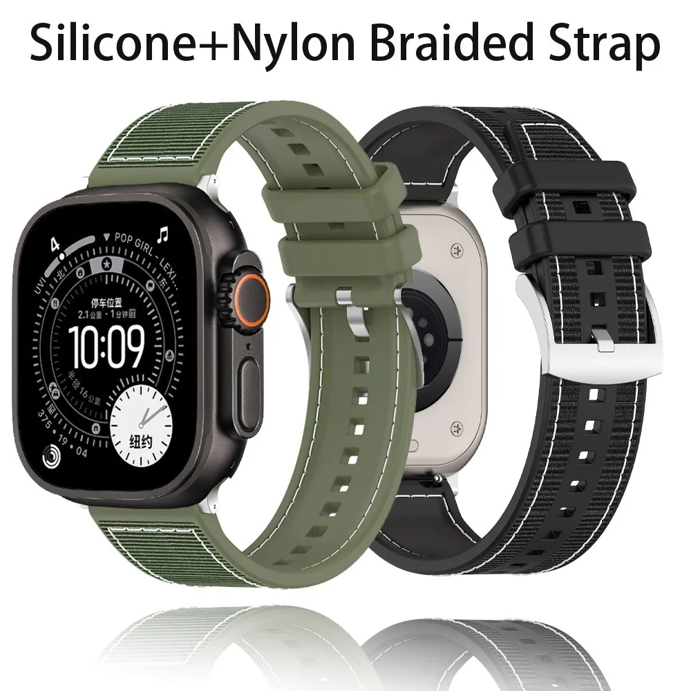 Silikon + Nylon geflochtenes Armband für Apple Watch Ultra 3 2 1 49 mm 11 10 9 8 7 45 mm 41 mm 46 mm 42 mm Bequeme IWatch 6 5 4 SE3 44 mm
