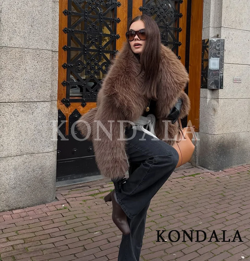 KONDALA à la mode Vintage manteau de fourrure femmes élégant haute rue automne hiver fausse fourrure revers veste manteau 2026 mode décontracté Chic veste