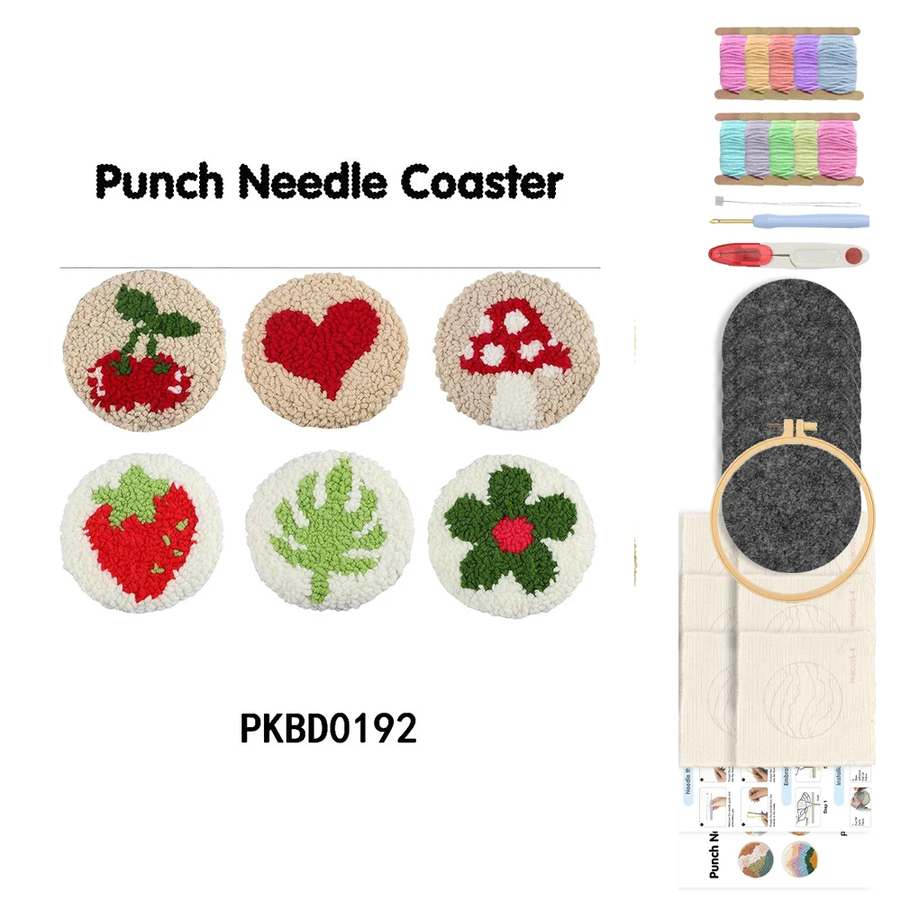

6 Pcs Cherry Strawberry Punch Needle Coasters Kit Crafts Needlework Arts Yarn Embroidery DIY Tableware Coasters Set Home Decor