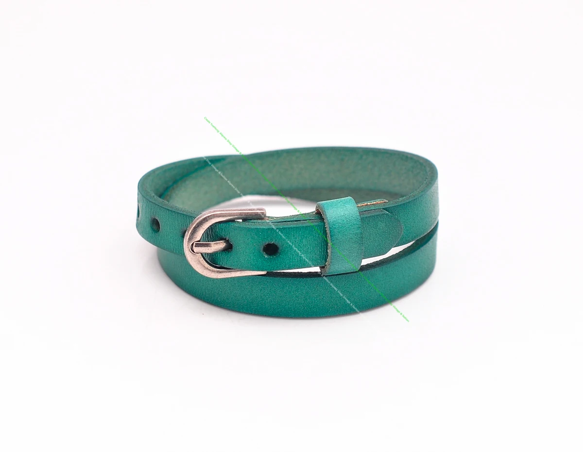 G562 Green Biker Rock Classic Vintage Handcraft Double Wrap Cowhide Genuine Leather Bracelet Cuff Wristband Pin Buckle  Closure