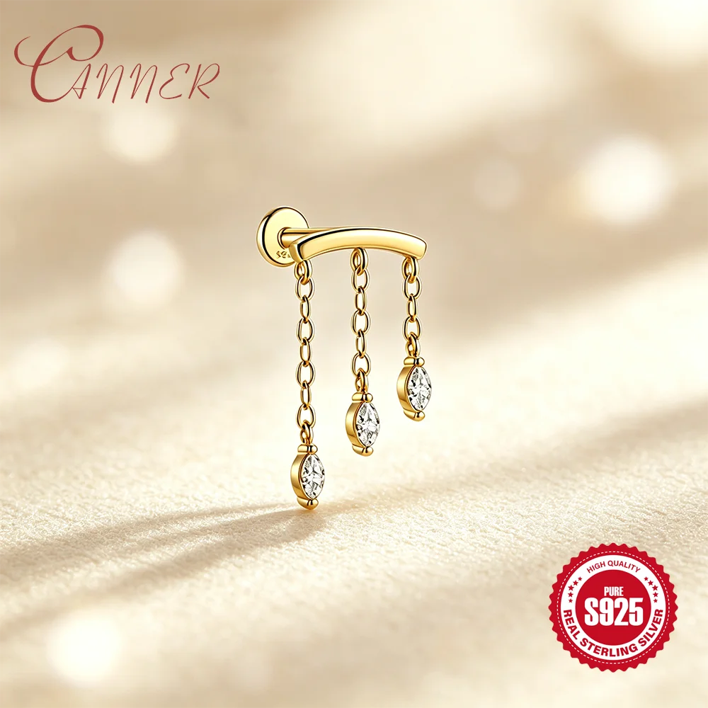 CANNER 925 Sterling Silver Dangle Chain Screw Flat Back Cartilage Tragus Helix Piercing Stud Earring For Women Classic Jewelry