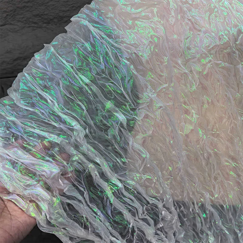 

Colorful Pleated Laser Gradient Organza Fabric Wave Decoration Handmade DIY Clothing Fashion Mesh Fabric Mermaid Texture Cloth
