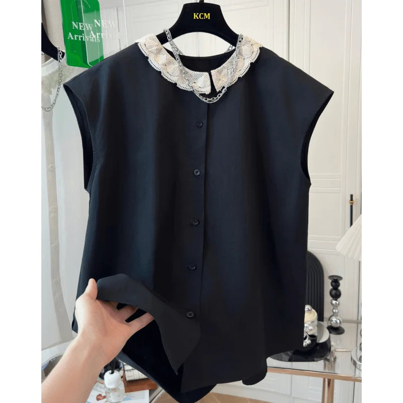 Sleeveless Shirts Female Summer Korean Fashion Loose Ruffles Blouse Women Clothes Casual All-match Plaid Patchwork Buttons Tops