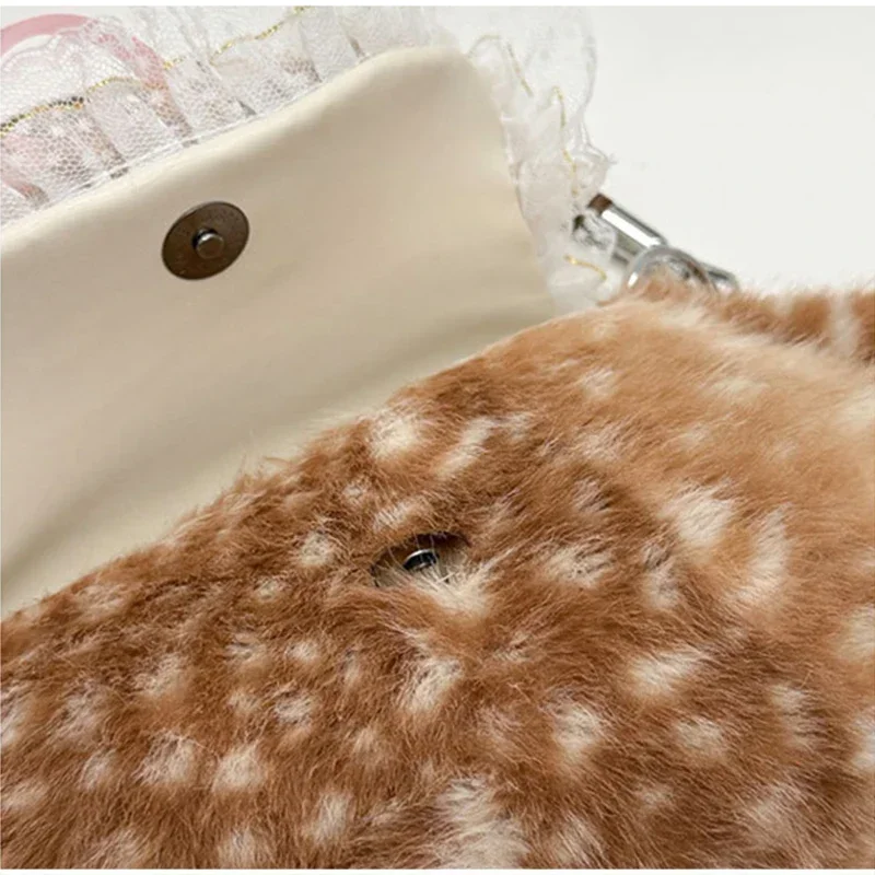 Japanische Hirsch gefleckte Band Plüsch Unterarm Umhängetasche, Mori Girl Elch flauschige Frauen Geldbörse, Winter süße Woodland Fairycore Handtasche – Detail 18