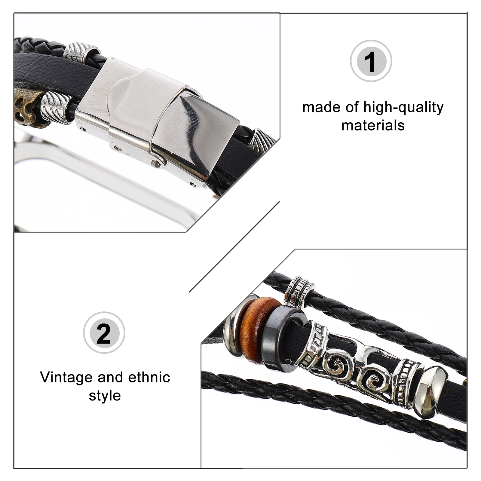 

Stainless Steel Vintage 5 Wristband Strap Compatible Watch Band Bracelet Adjustable Buckle Beads Design for Men
