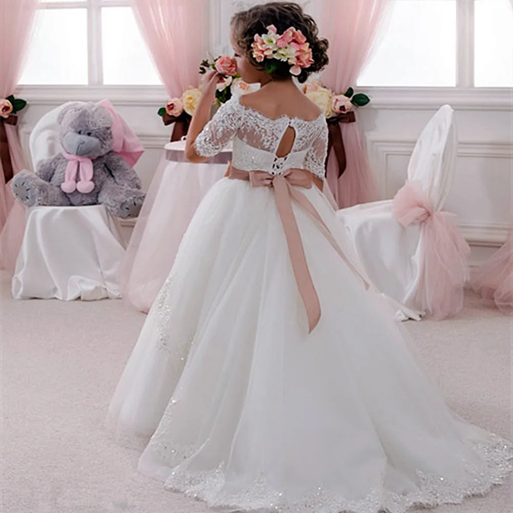 Wunderschöne Spitze Hochzeit Blume Mädchen Kleider Appliques Mit Schärpe Infant Kleinkind Kinder Erstkommunion Kleid Geburtstag Prom Party Kleid