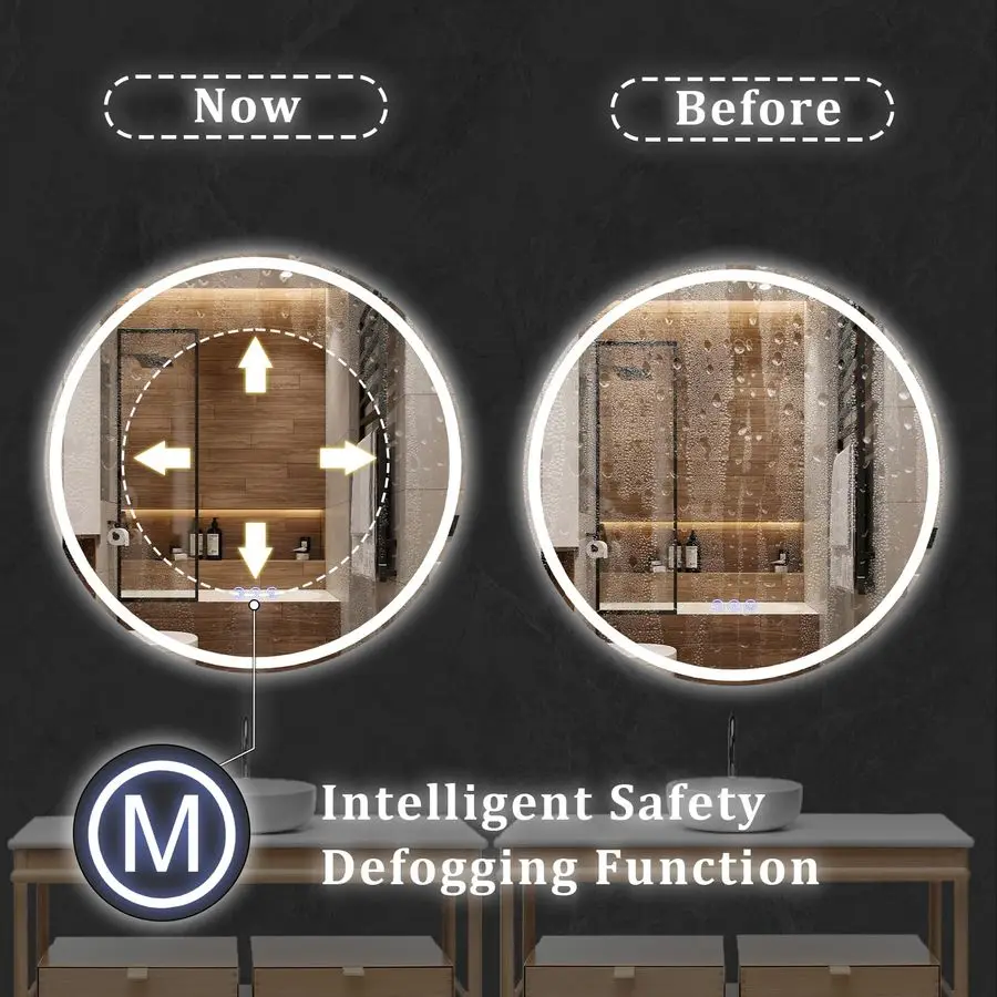 Espejo de baño redondo LED 30x30 con luces, antivaho, regulable, retroiluminado frontal, espejo de tocador de baño iluminado para pared, 3 Co