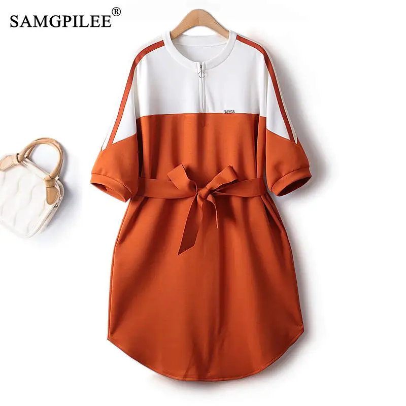 

2023 Spring Summer New In Dresses Women Hit Color Waist Air Cotton Tie Waist Half Length Casual Chic And Elegant Woman Dress 4XL