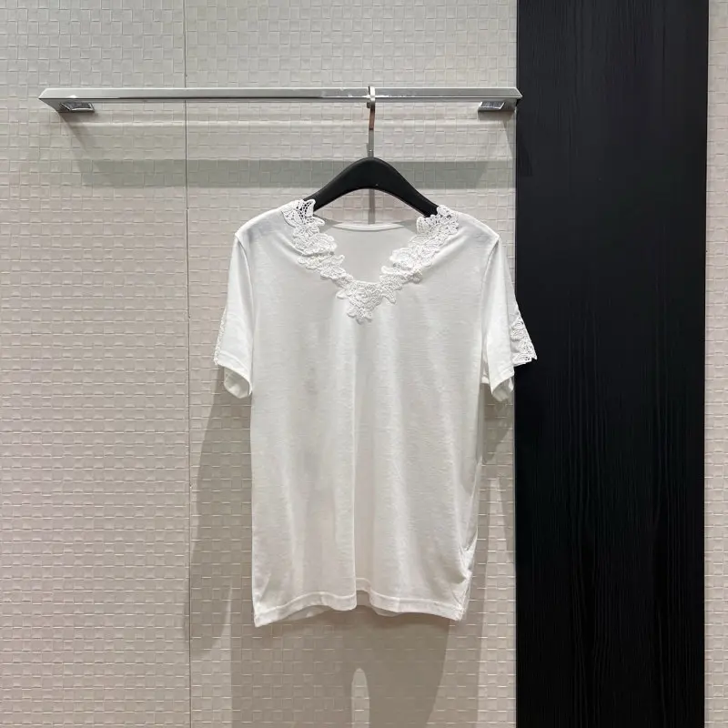 White V-neck Short Sleeve T-shirt with Lace Hollow-out Cuff Splicing