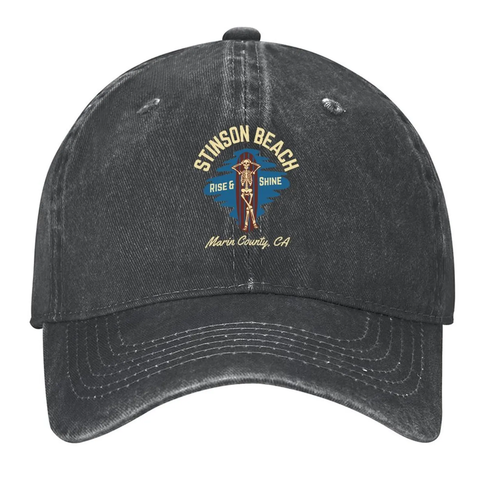 

Vintage-Style Stinson Beach Marin County California, Beige Text- Skeleton /Surf / Beach Baseball Cap