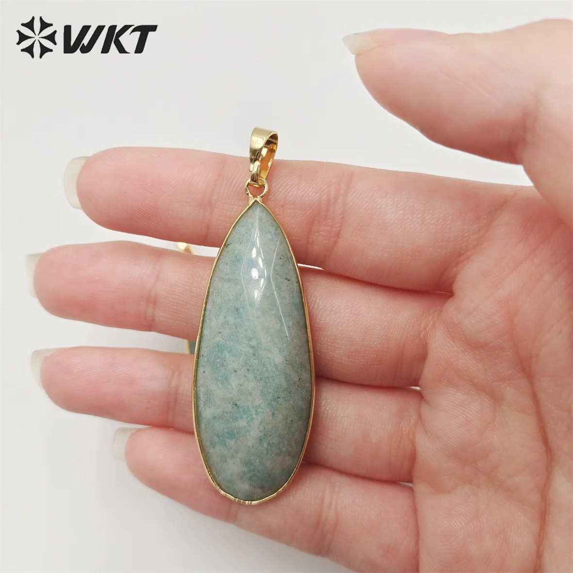 WT-P1890 Wholesale Fashion Gold Bezel Long Teardrop Double Facted Nautral Amazonite Stone Pendants Women Necklace Decoration