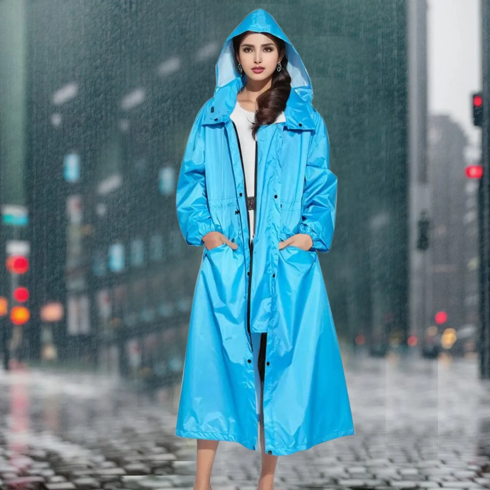 

Womens Waterproof Hooded Ponchos With Hood Lightweight Long Sleeve Windbreaker Zip Up Drawstring Long Raincoat With Pockets