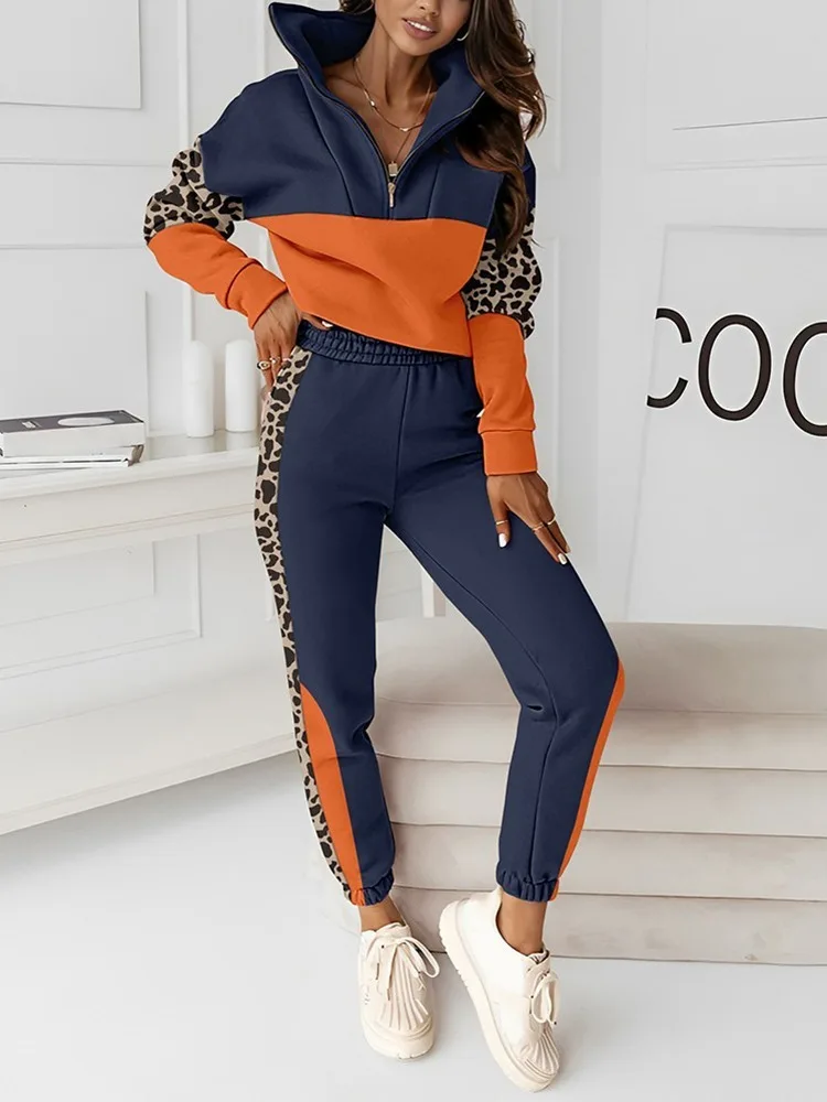 Sets Outifits 2023 New Colorblock Leopard Print Zipper Design Sweatshirt & Sweatpants Set Of Two Fashion Casual Pieces For Women