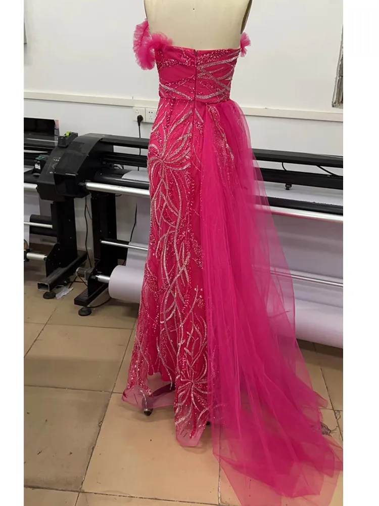 Women Luxury Sexy Off Shoulder Beading Sequins Mesh Hot Pink Maxi Long Gowns Dress Elegant Celebrity Evening Party Club Dress