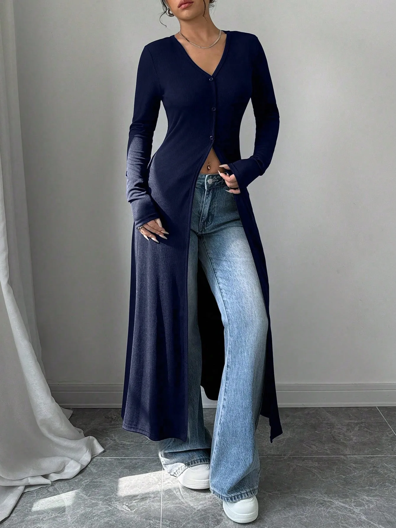 

2025 Autumn New Style Solid Color Long Button Cardigan Long Sleeve Slim-Fitting and Figure-Flattering Top for Women
