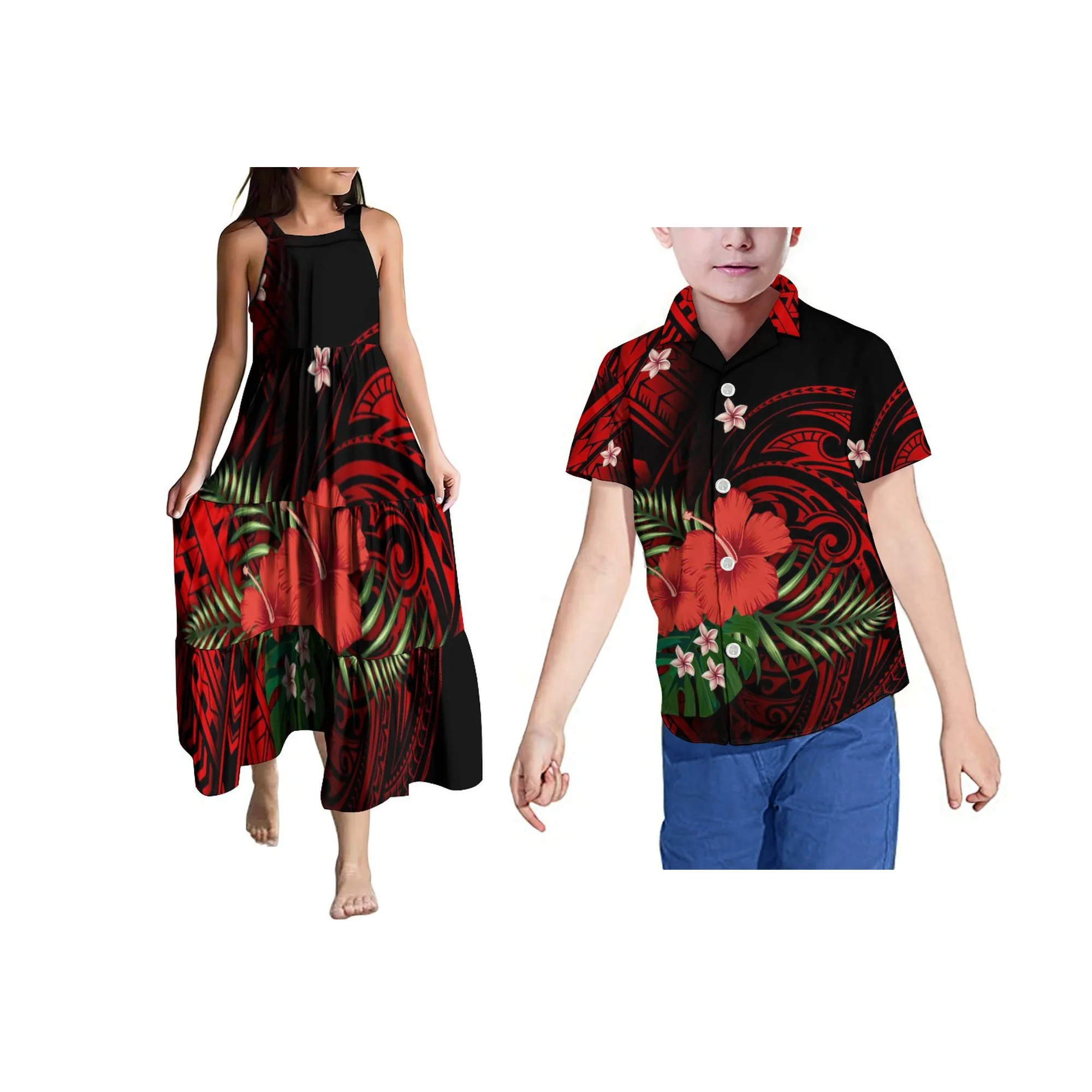 Nova chegada samoan polinésia tribal criança impressão crianças vermelho topo estilingue vestido personalizado em camadas deslizamento meninas sem mangas vestido longo