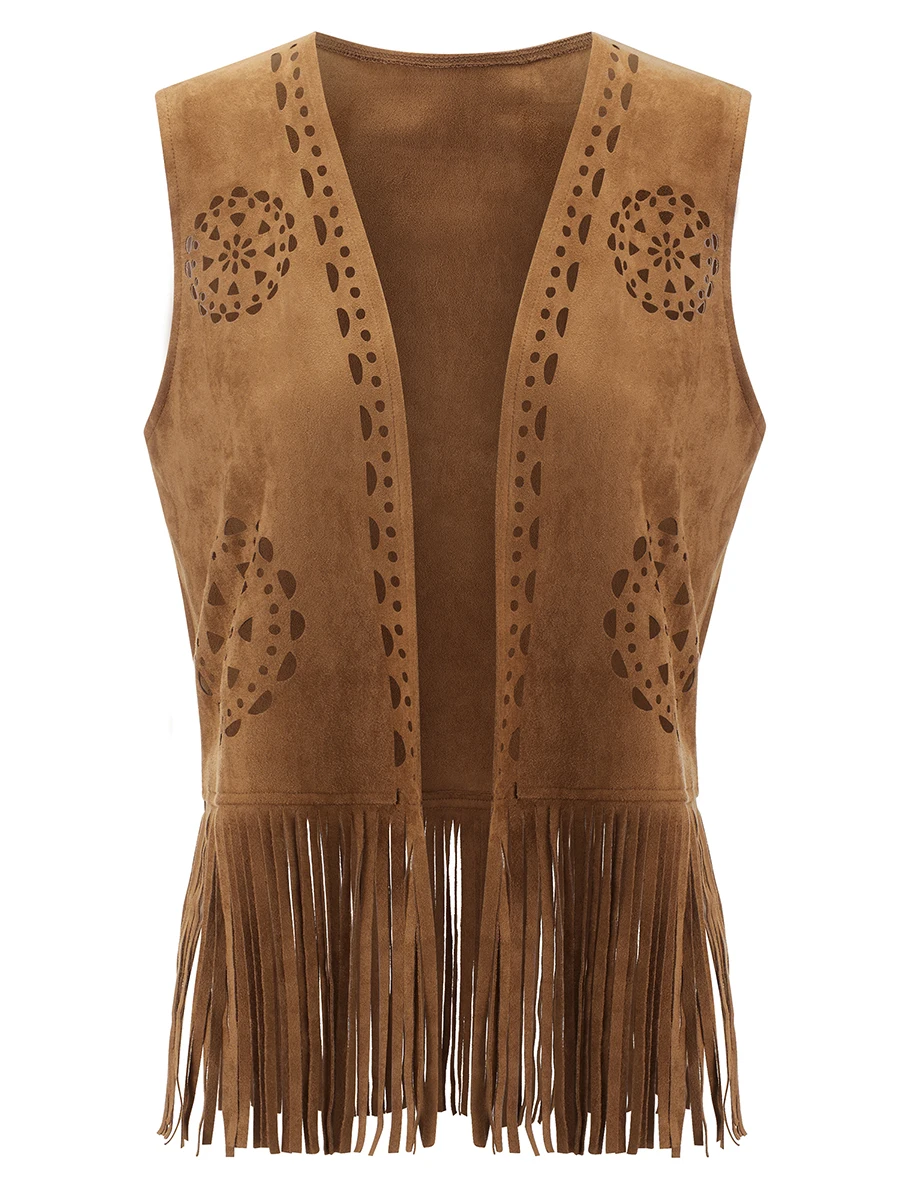 Women's Tassel Vest 70s Hippie Faux Suede Fringe Jacket Cardigan Solid Color Open Front Sleeveless Y2k Jacket