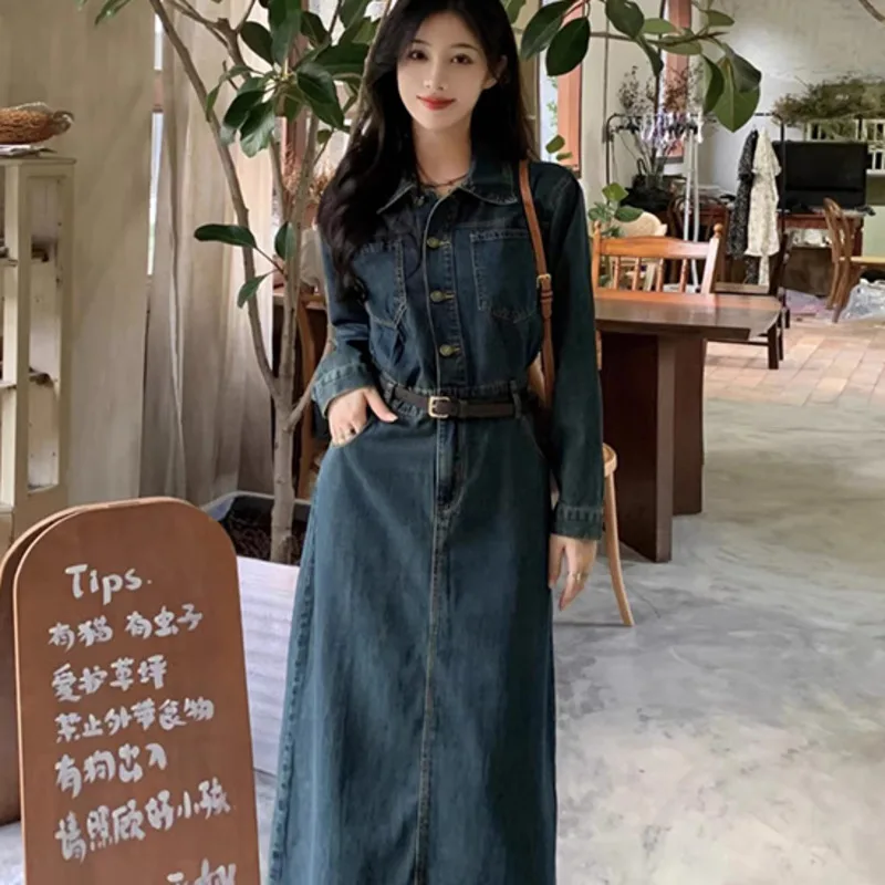 Jeans Dresses Women Denim Daily Long Sleeve Vintage Solid Office Lady  Elegant Fashion Casual Chic Personality Dresses