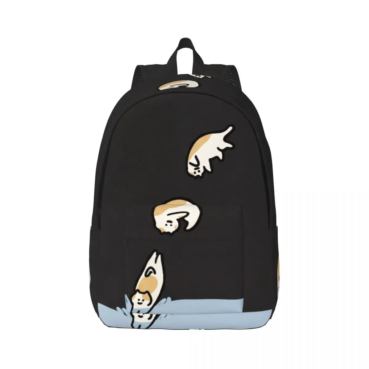 Dark Punk Printed Backpack Vertical Diving Cat Whimsical Illustration Black Blue White Fun Bookbag for Girls Boys Teens School