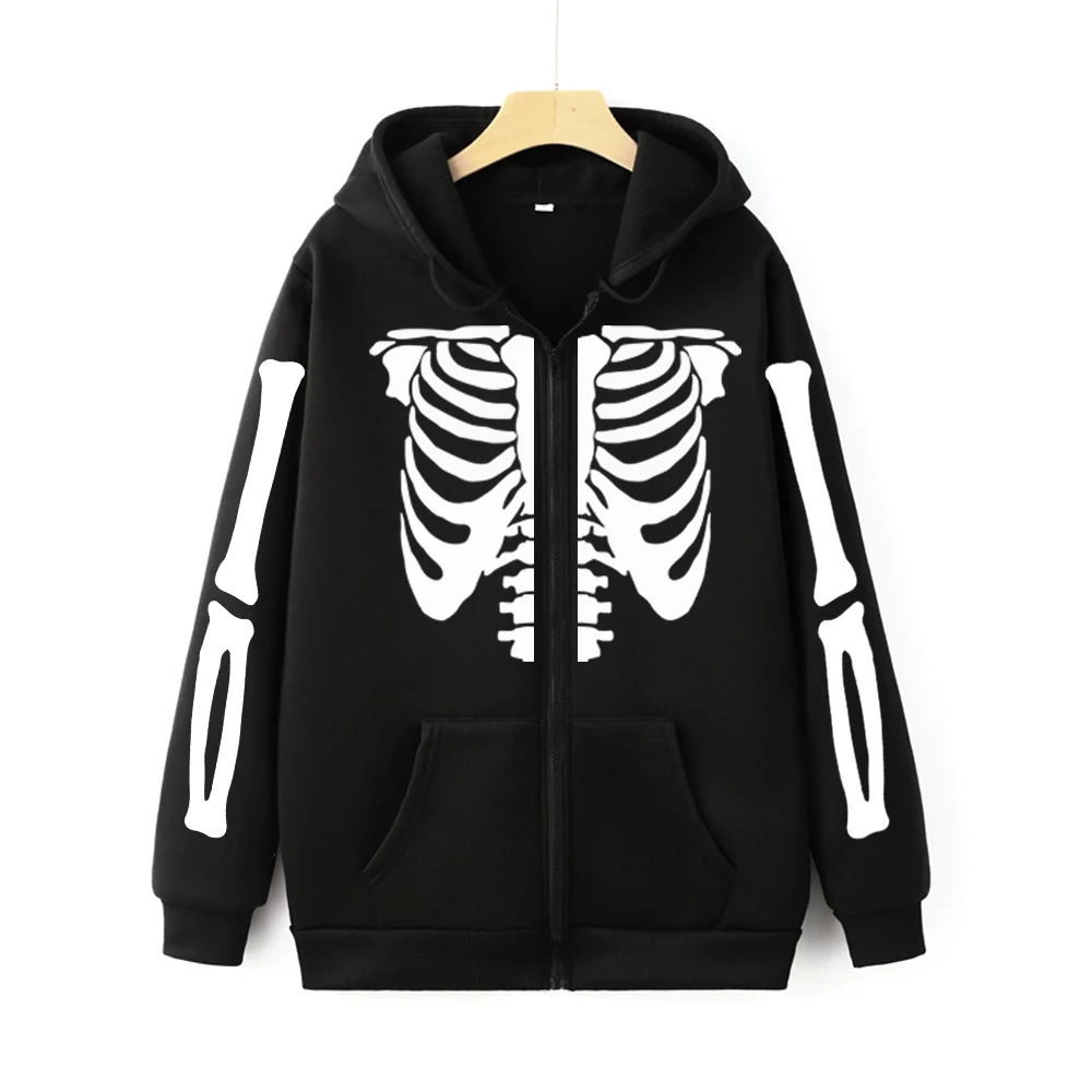 Vintage Skeleton Print Zipper Sweatshirt Y2K Gothic Bone Graphic Unisex Zip Up Hoodie Autumn Streetwear Harajuku Women Zip Hoody