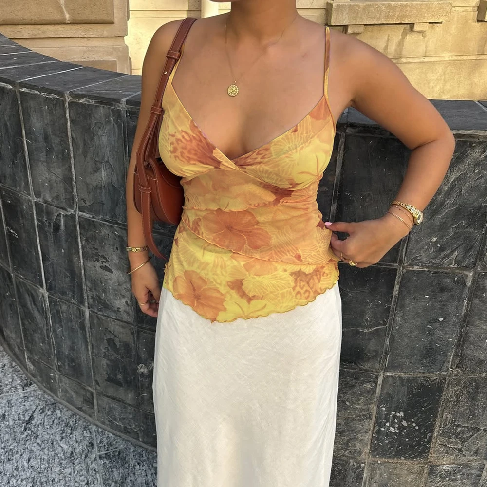 Women Summer Vintage y2k Aesthetic Crop Tops Floral Print Boho Sleeveless Spaghetti Strap Mesh See Through Coquette Tanks Camis image 6