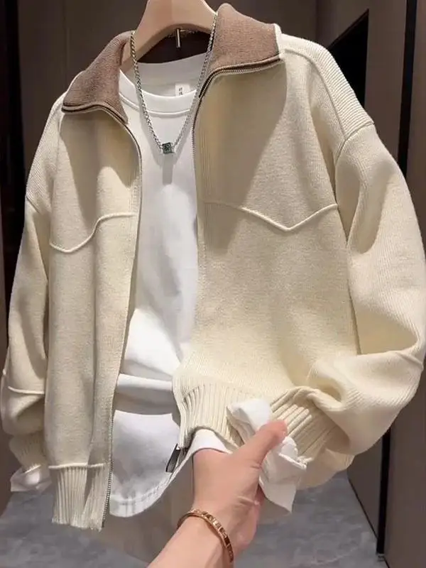 

Элитный мужской вязаный кардиган-свитер, повседневная верхняя одежда с воротником, на пуговицах, с длинными рукавами, свободного кроя, молодежный стиль, осень-зима