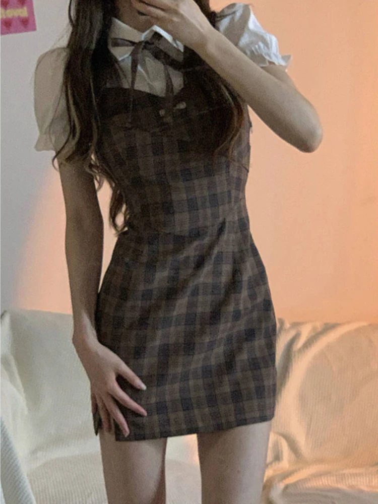 Mini Dresses for Women Fake Two Pieces Puff Sleeve Bow Summer Plaid Hotsweet Preppy Style Elegant Chic Fashion All-match Ladies